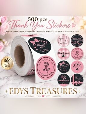 500 pcs Thank You Stickers Roll Pink Black Cute Packaging Labels